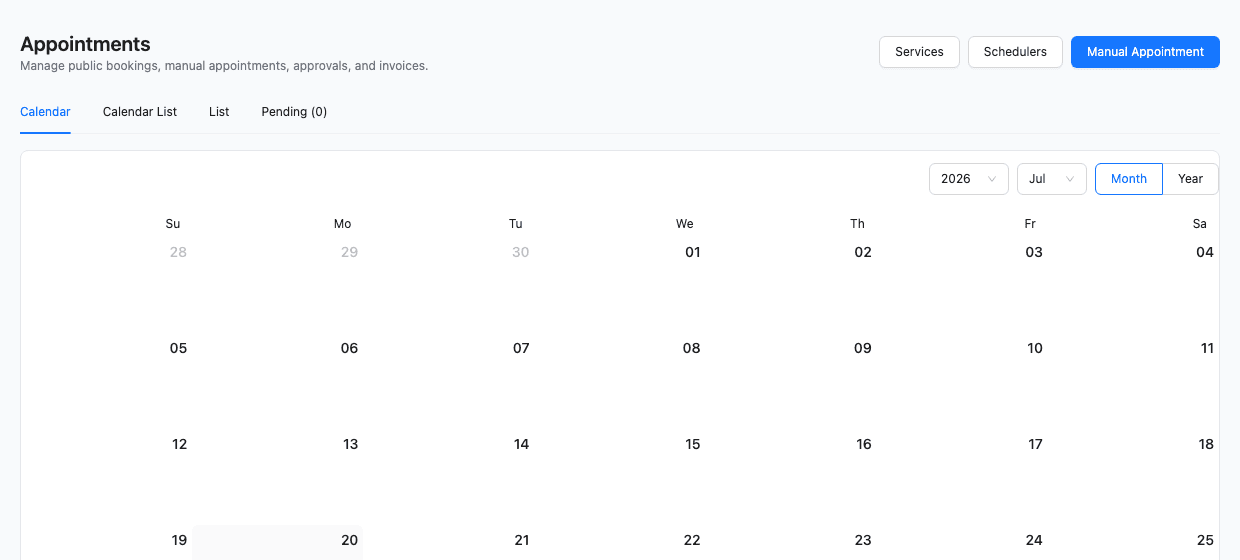 TREX Grow appointments calendar screen for public bookings and manual appointment workflows