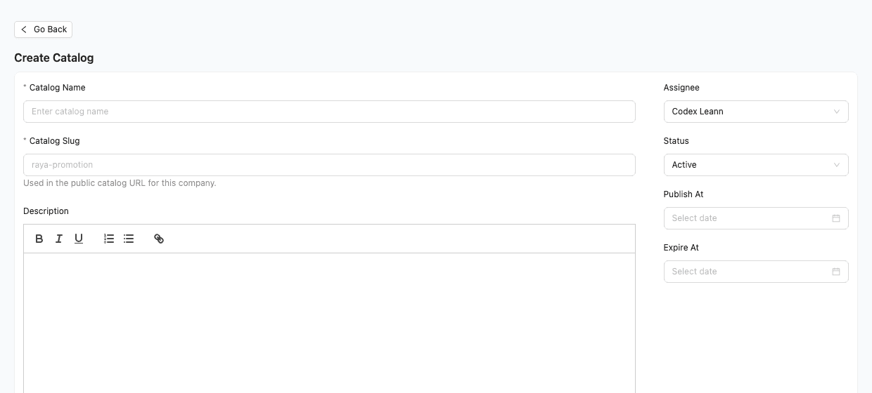 TREX Grow catalog setup screen for customer-facing catalog visibility