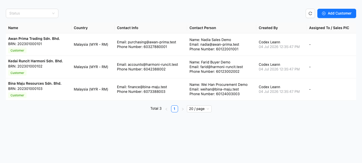 TREX Grow customer records screen showing company and contact details for demo customers