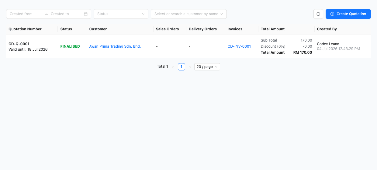 TREX Grow quotation workflow screen showing quotation records and customer information