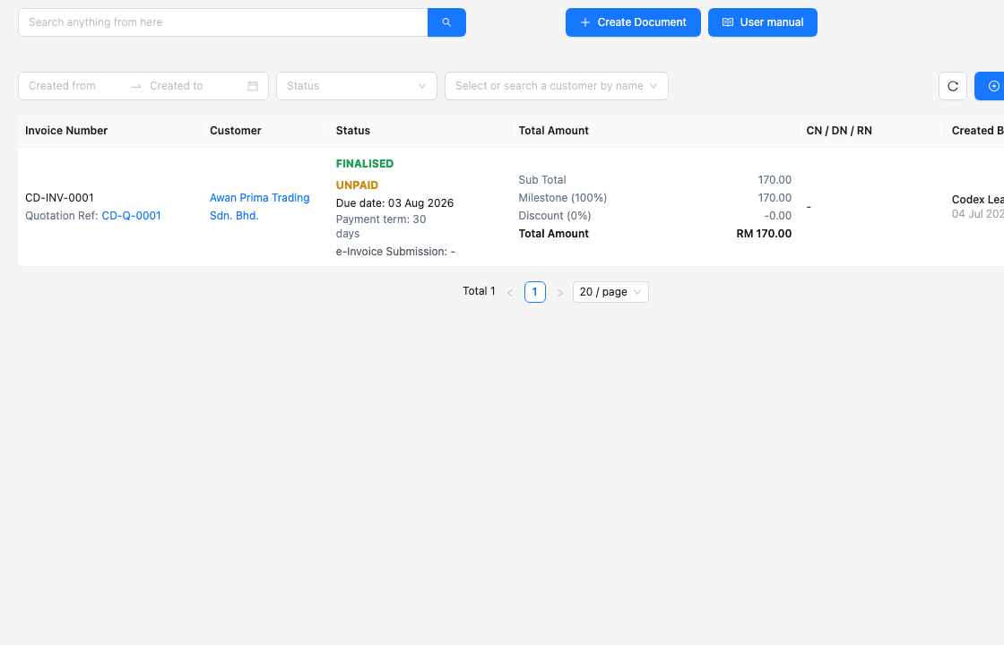 TREX Grow invoice records screen showing document status and customer information