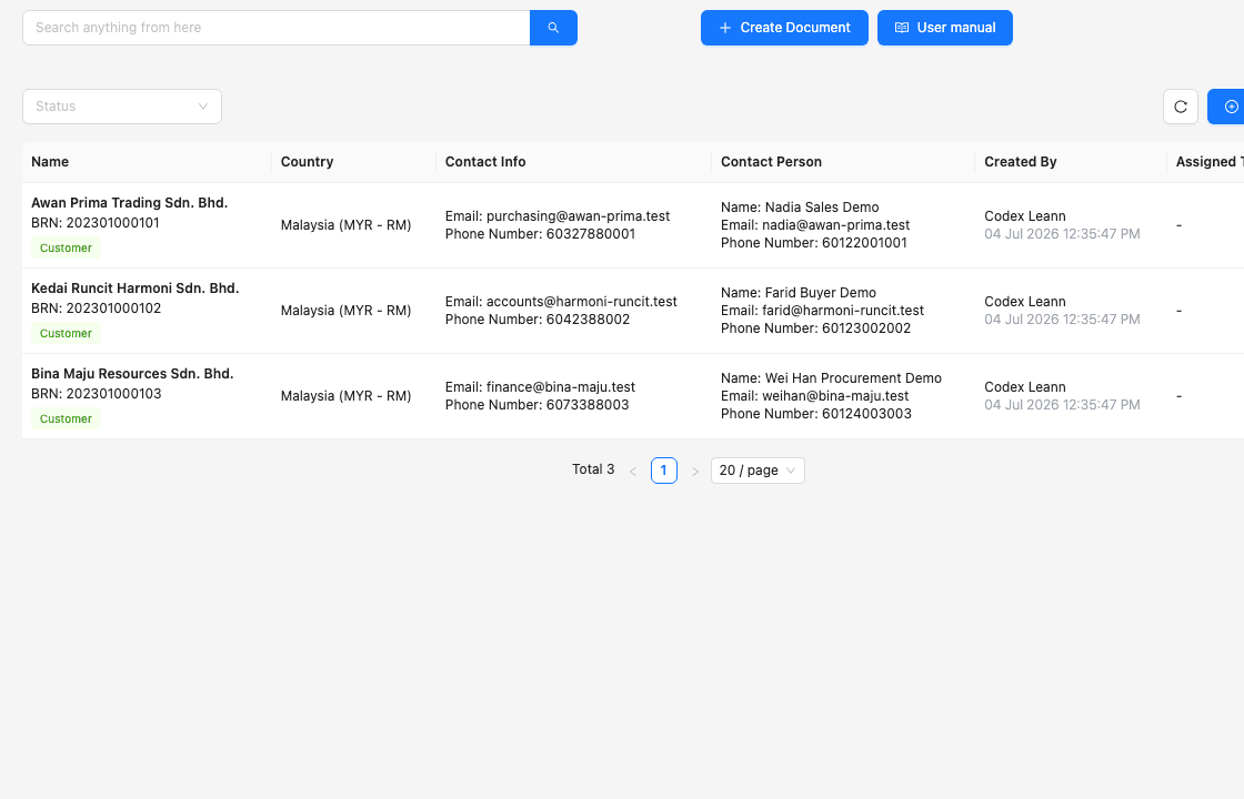 TREX Grow customer records workspace showing safe demo companies, business registration numbers, country, company contact details, contact people, record creator, and assigned sales owner