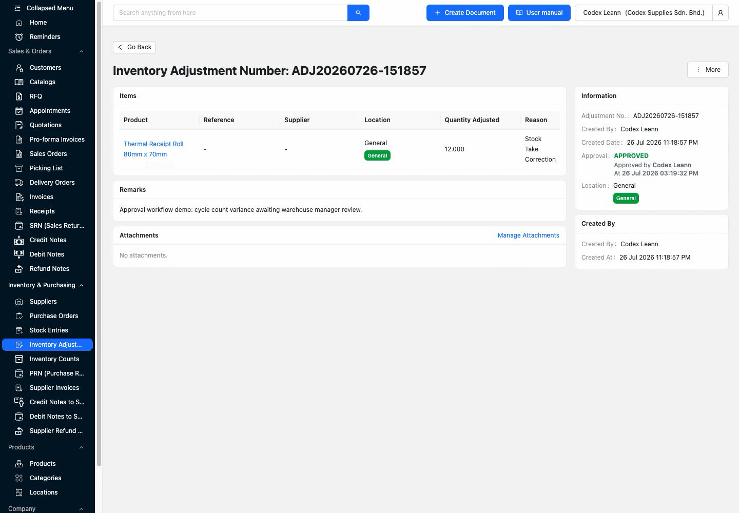 TREX Grow approved inventory adjustment showing approver identity and approval time beside the product, quantity, correction reason, remarks, creator, and creation date