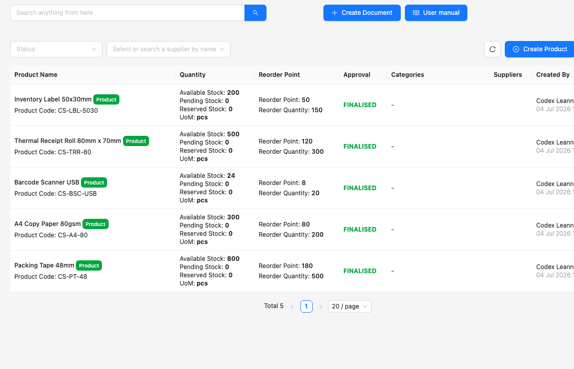 TREX Grow product inventory records screen with safe demo products, available incoming and reserved quantities, units of measure, reorder points, reorder quantities, and finalised status