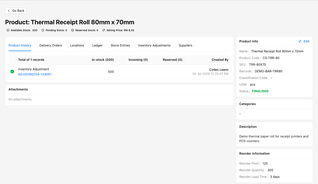 TREX Grow Product History screen for a safe demo product showing available, incoming and reserved quantities, a linked inventory adjustment, creator, date, product identity and reorder fields