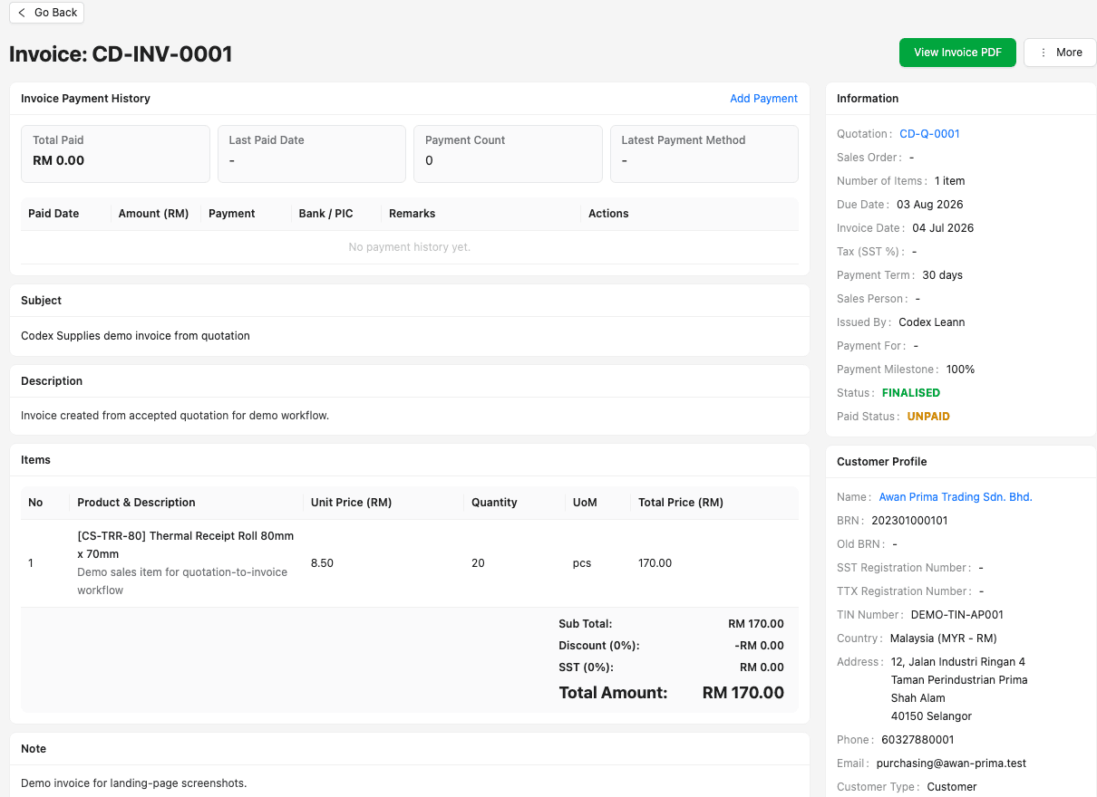 TREX Grow invoice detail showing quotation and sales-order reference fields, customer, items, totals, due date, status and payment history