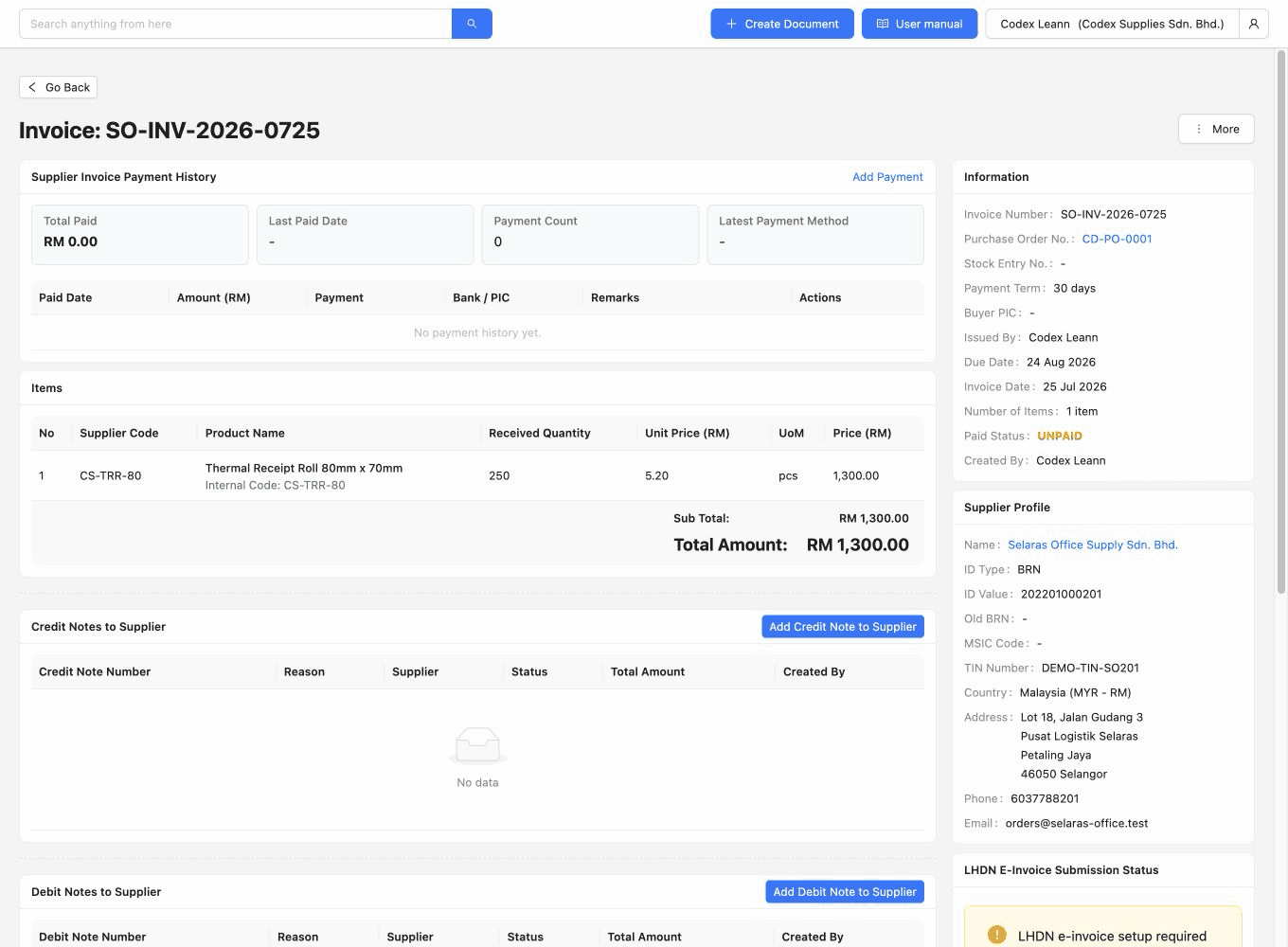 TREX Grow unpaid supplier invoice showing source purchase order, due date, payment terms, supplier, item total and zero total paid