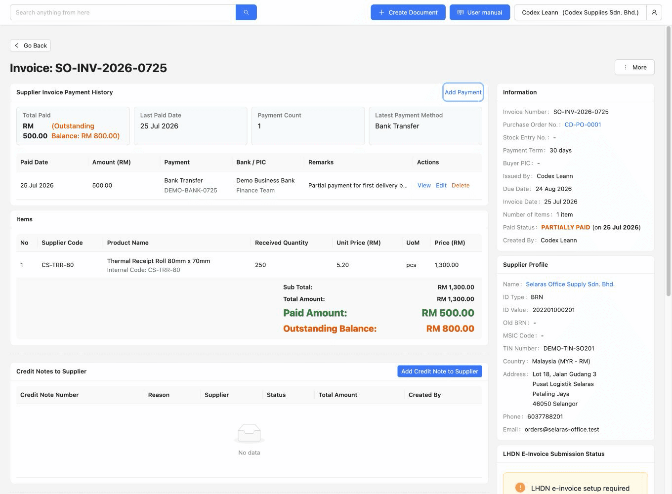 TREX Grow supplier invoice payment history showing a partial bank transfer, payment reference, responsible team, total paid and outstanding balance