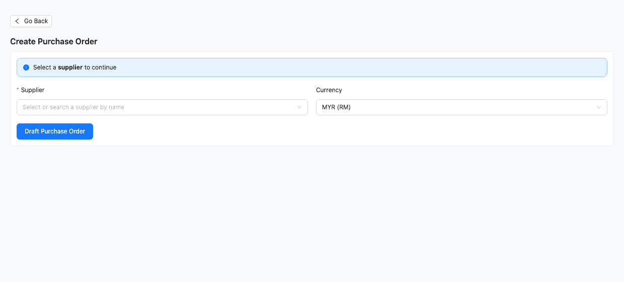 TREX Grow create purchase order screen with supplier and currency fields