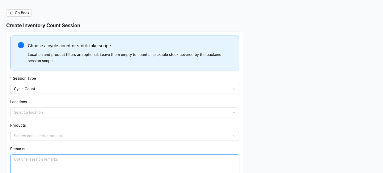 TREX Grow create inventory count session screen with session type, location and product filters