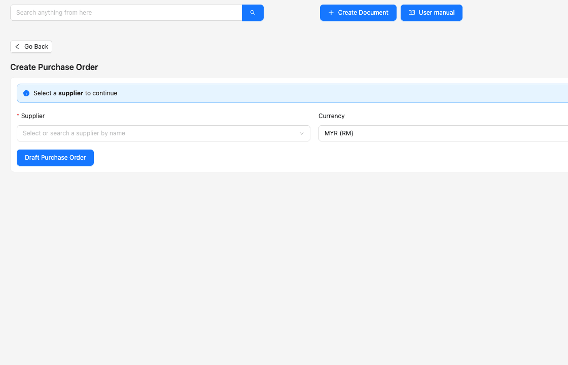 TREX Grow create purchase order screen with supplier, currency, delivery and billing fields