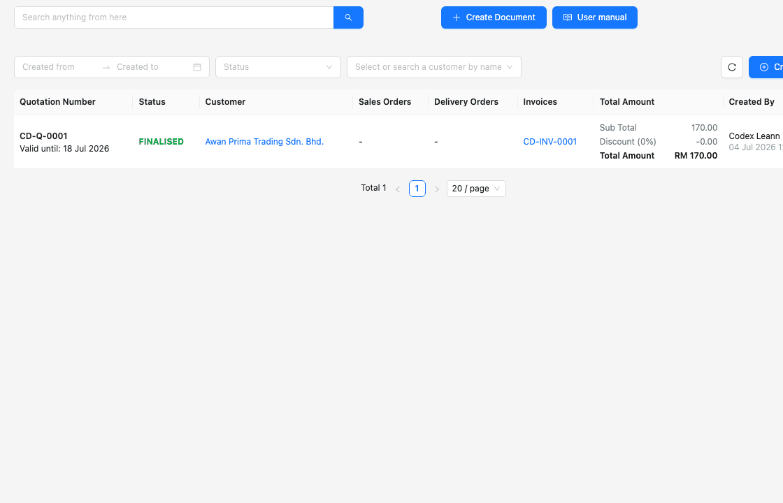 TREX Grow quotation workflow showing quotation records and customer details